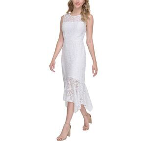 NWT Kenzie white sleeveless asymmetric midi dress,  White floral lace Size 2